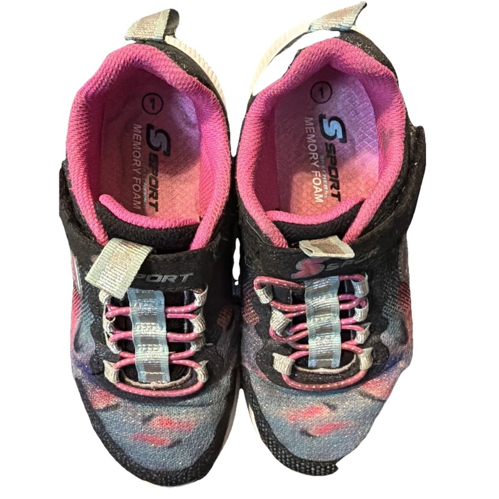 Slip On Bungee Laces hook & Loop Memory Foam Girls Sketchers S Sport CORA Size 1 - Picture 5 of 11